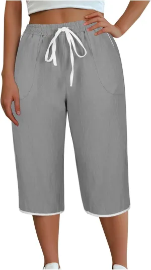 2025 Women's Plus Size Linen Capri Lounge Pants - Fashion Solid Color Drawstring Minimalist Casual Cropped Trousers