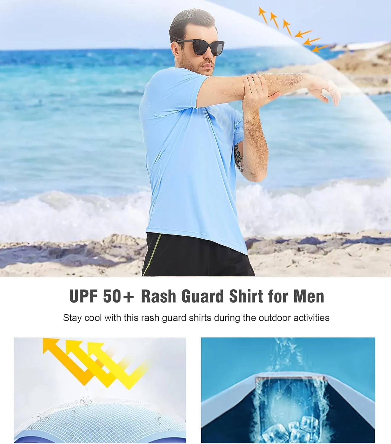4 Pack Men's UPF 50  Rash Guard Long and Short Sleeves Swim Shirts,Dry Fit Surf Fishing UV Sun Protection Shirts
