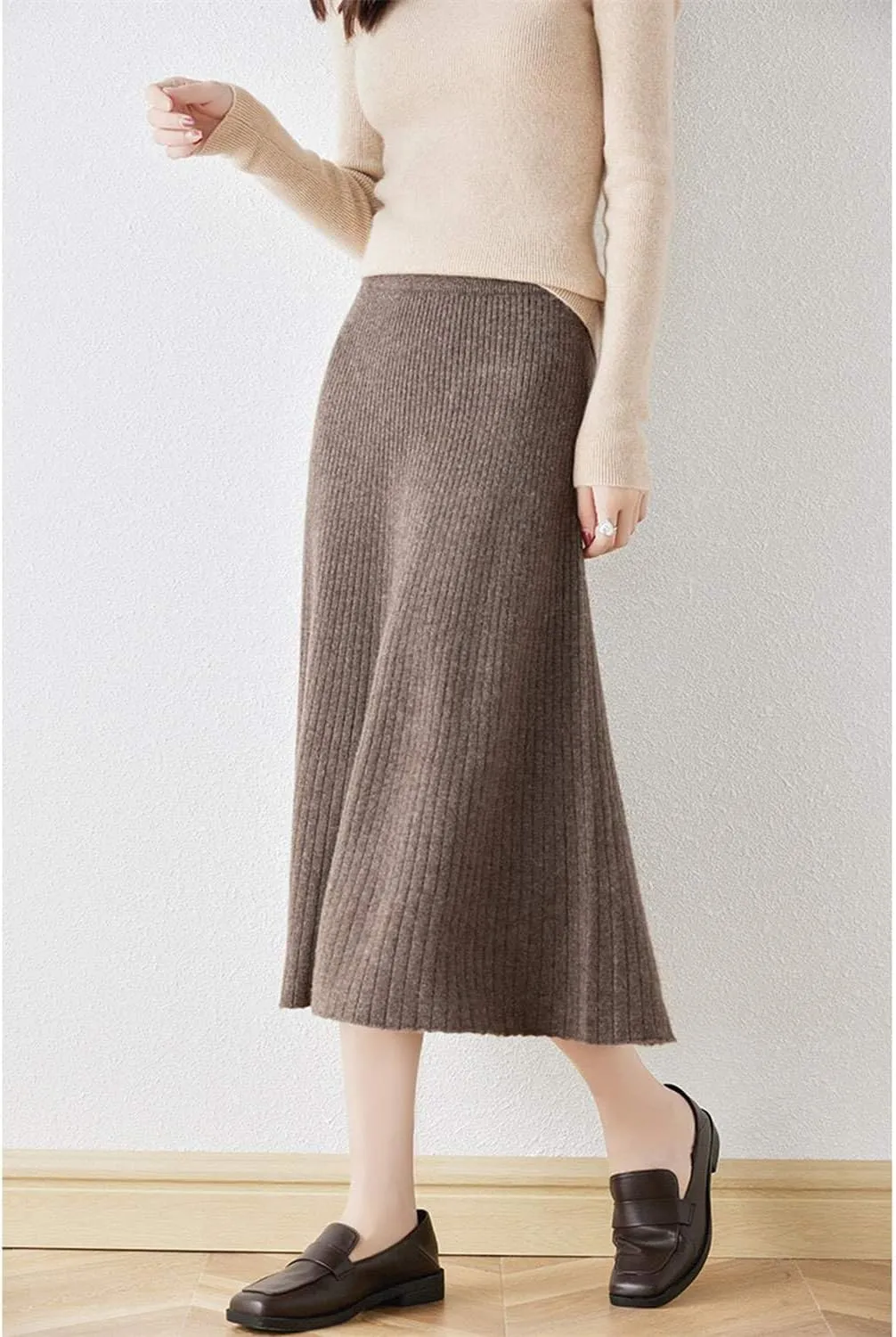 A-line Skirt Women Fall Winter 100% Merino Wool Knit Long Skirt Ribbed Elastic Waist Casual Warm Loose Skirt