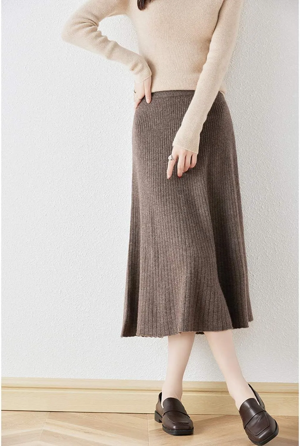 A-line Skirt Women Fall Winter 100% Merino Wool Knit Long Skirt Ribbed Elastic Waist Casual Warm Loose Skirt