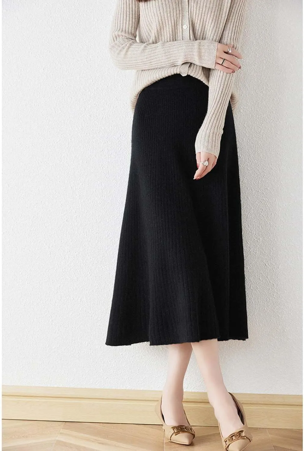 A-line Skirt Women Fall Winter 100% Merino Wool Knit Long Skirt Ribbed Elastic Waist Casual Warm Loose Skirt