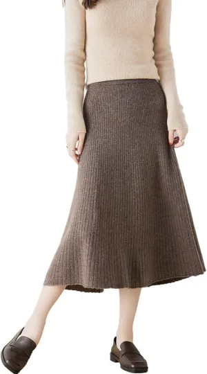 A-line Skirt Women Fall Winter 100% Merino Wool Knit Long Skirt Ribbed Elastic Waist Casual Warm Loose Skirt