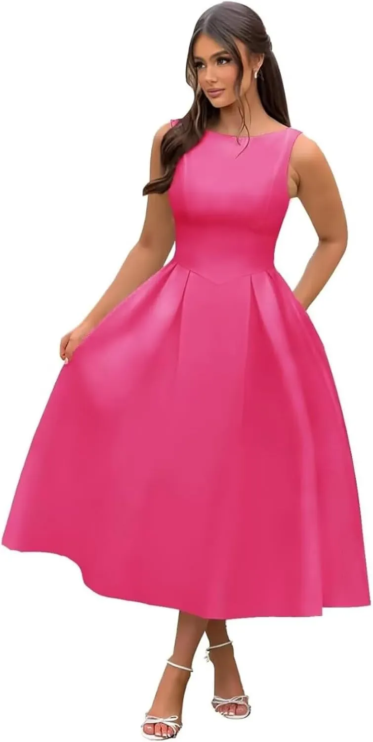 A Line Tea Length Satin Formal Cocktail Dress, Midi Prom Dress Evening Party Gown Scoop Back