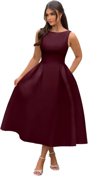 A Line Tea Length Satin Formal Cocktail Dress, Midi Prom Dress Evening Party Gown Scoop Back