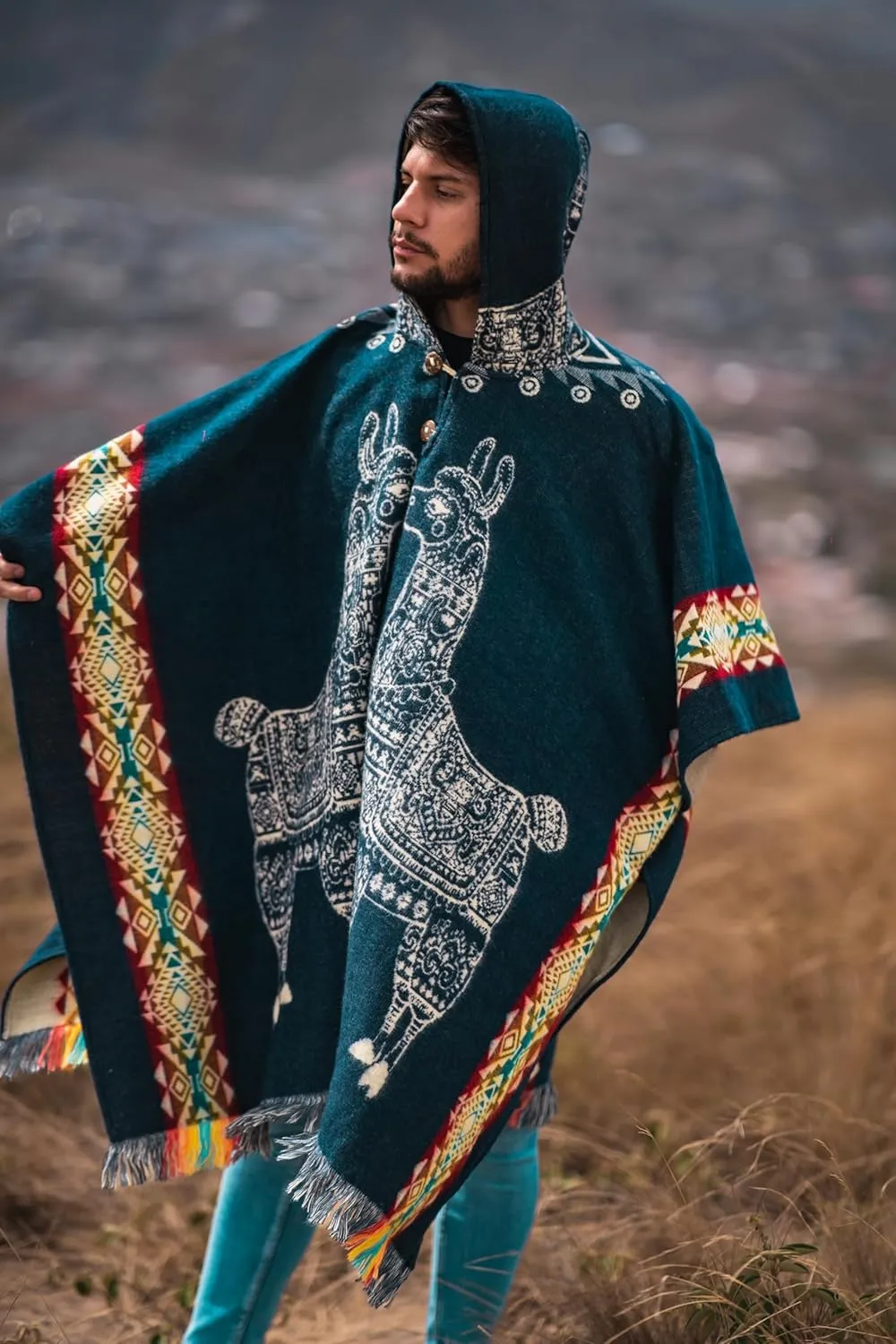 Adult Ponchos with Hood - Alpaca Wool Poncho Men - Mexican Ponchos for Men - Sand Cloud Poncho - Handcrafted and Artisanal