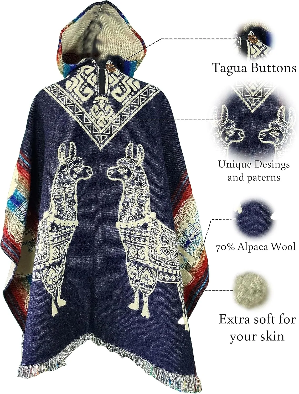 Adult Ponchos with Hood - Alpaca Wool Poncho Men - Mexican Ponchos for Men - Sand Cloud Poncho - Handcrafted and Artisanal