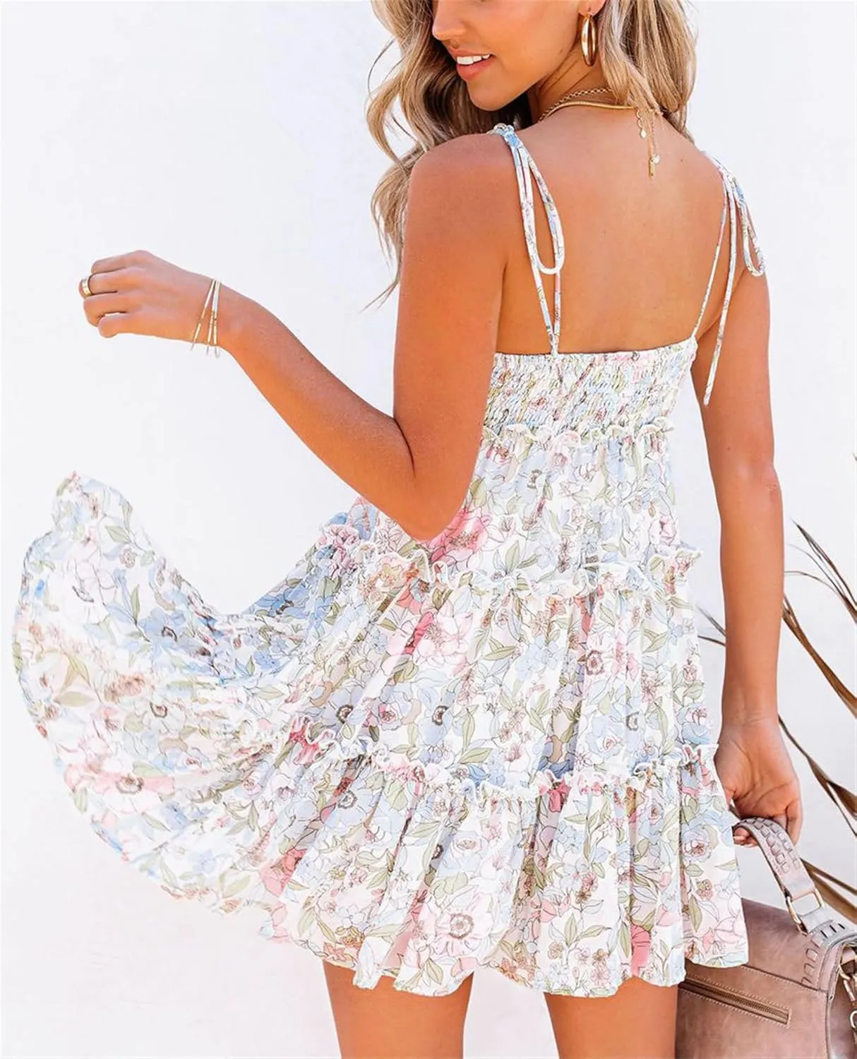 AELSON Sundresses for Women 2025 Floral Summer Dress Boho Flowy Cute Dresses Spaghetti Strap Sleeveless Ruffle Mini Dress