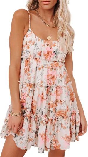 AELSON Sundresses for Women 2025 Floral Summer Dress Boho Flowy Cute Dresses Spaghetti Strap Sleeveless Ruffle Mini Dress