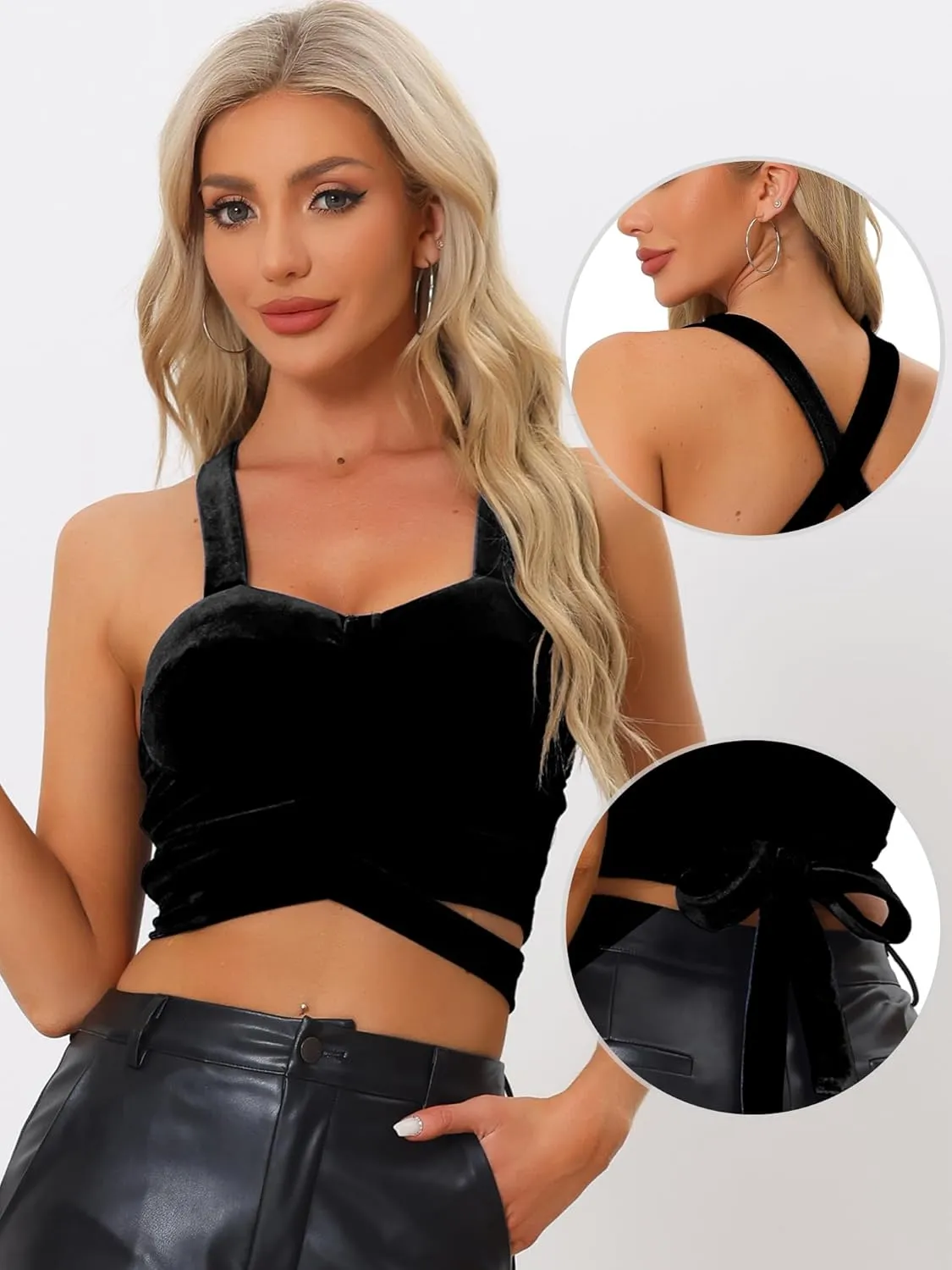 Allegra K Velvet Cami Tank Tops for Women's Christmas Sleeveless Spaghetti Strap Deep V Sexy Crop Top for Christmas