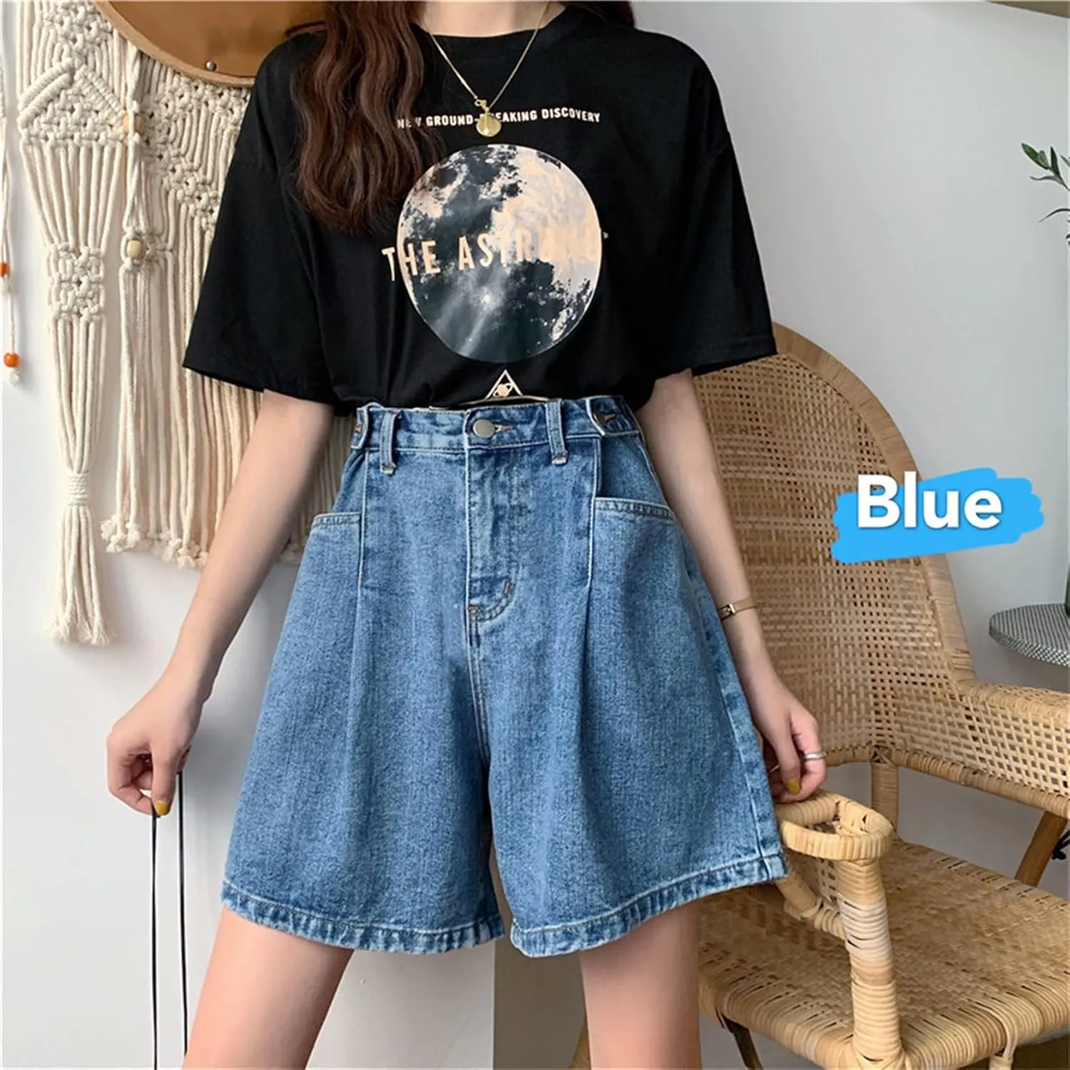 Andongnywell Women's High Waist Denim Shorts Hem Wide Leg Casual Jean Wide-Leg Short Trousers with Pockets