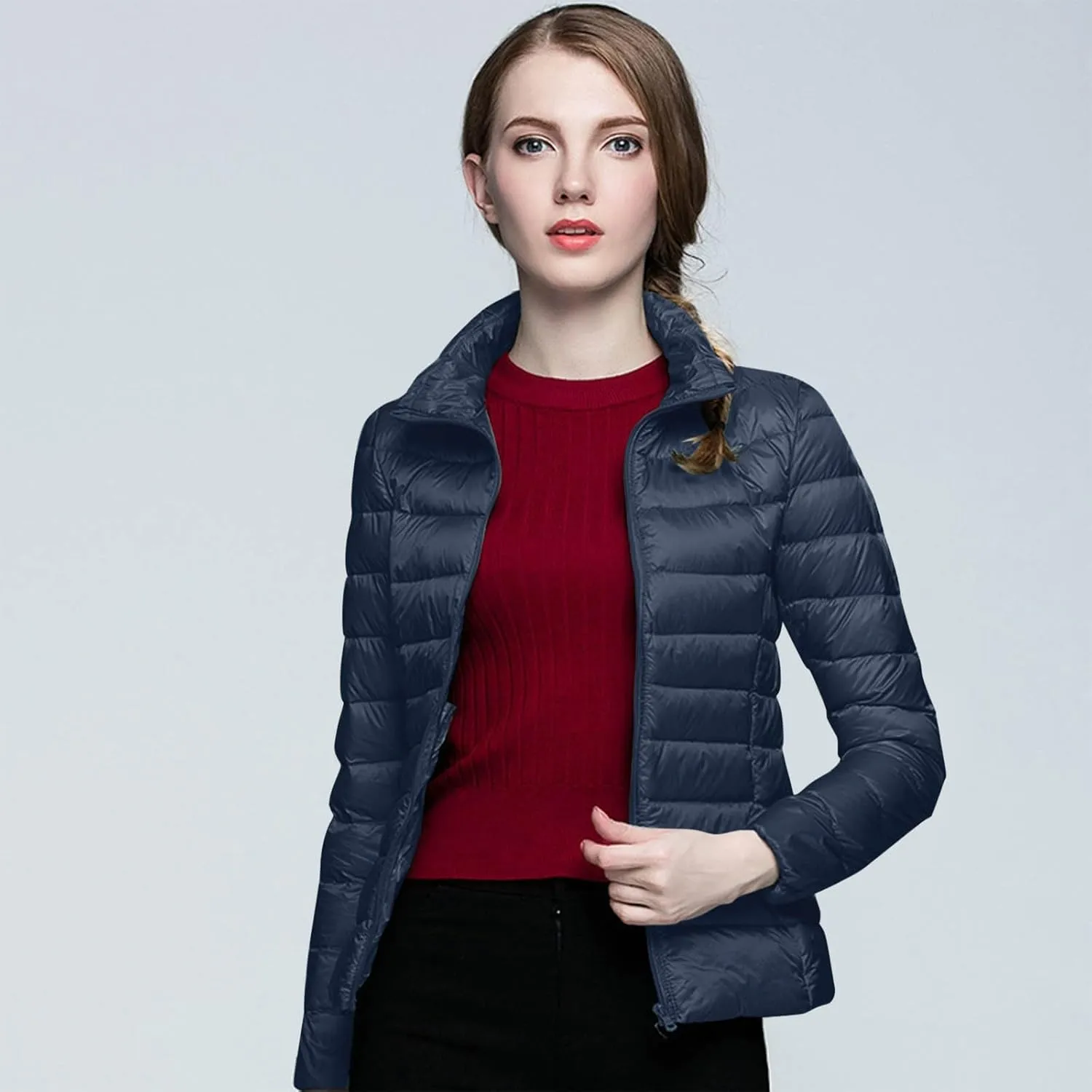 Aniywn Light Jackets for Women Warm No Hood Down Jacket Packable Short Fall Jacket Zip Cardigan Winter Coats with Pockets
