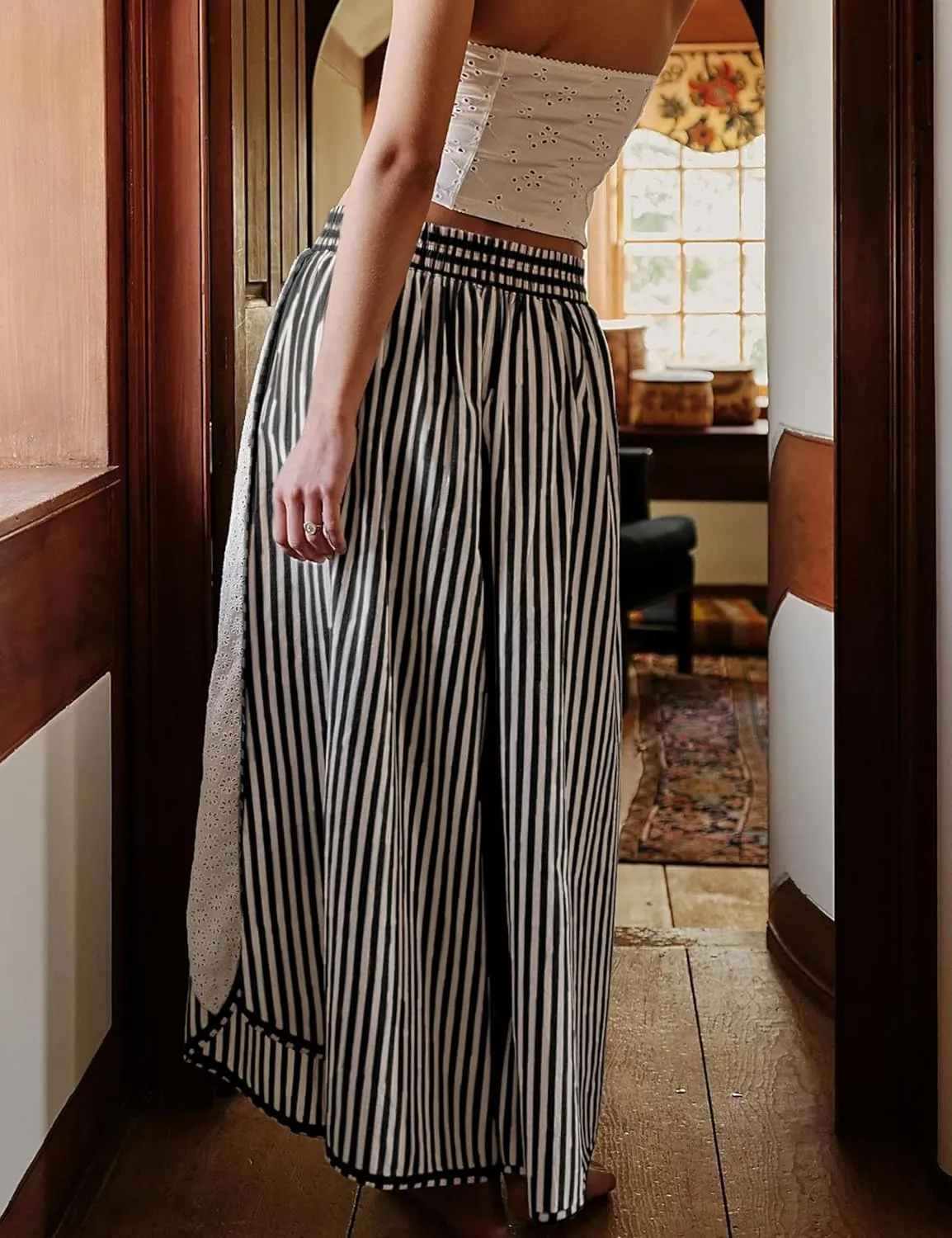 Athlisan Womens Summer Casual Loose Striped Wide Leg Lounge Pants Elastic Waist Palazzo Trousers