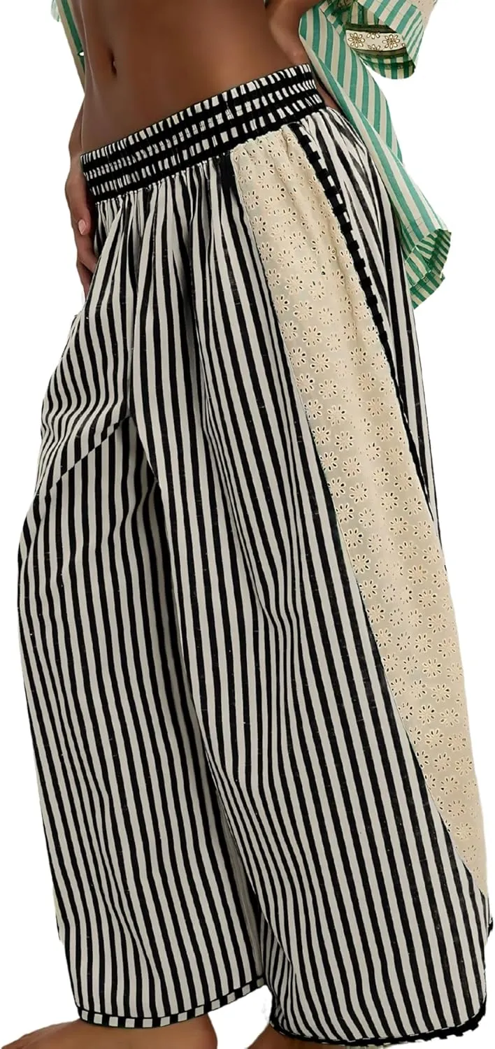 Athlisan Womens Summer Casual Loose Striped Wide Leg Lounge Pants Elastic Waist Palazzo Trousers