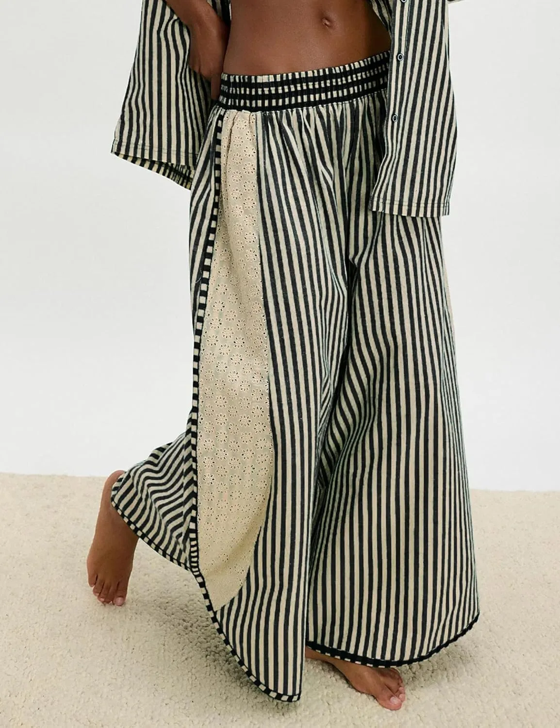 Athlisan Womens Summer Casual Loose Striped Wide Leg Lounge Pants Elastic Waist Palazzo Trousers