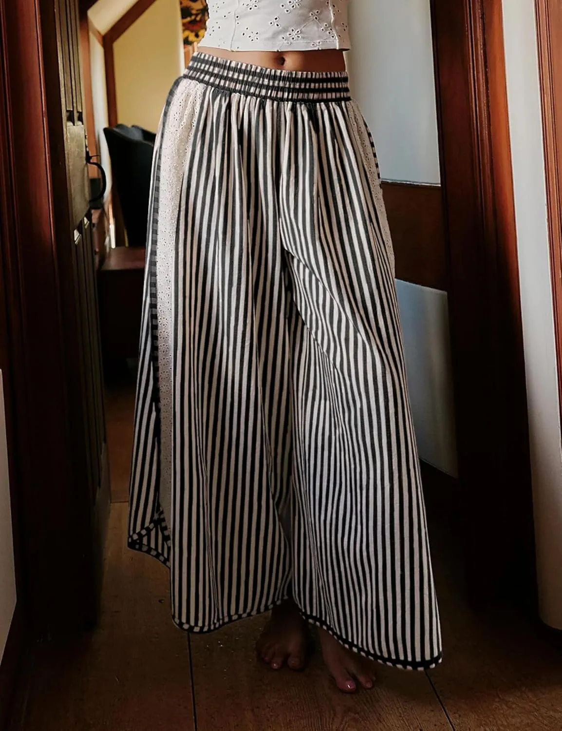 Athlisan Womens Summer Casual Loose Striped Wide Leg Lounge Pants Elastic Waist Palazzo Trousers