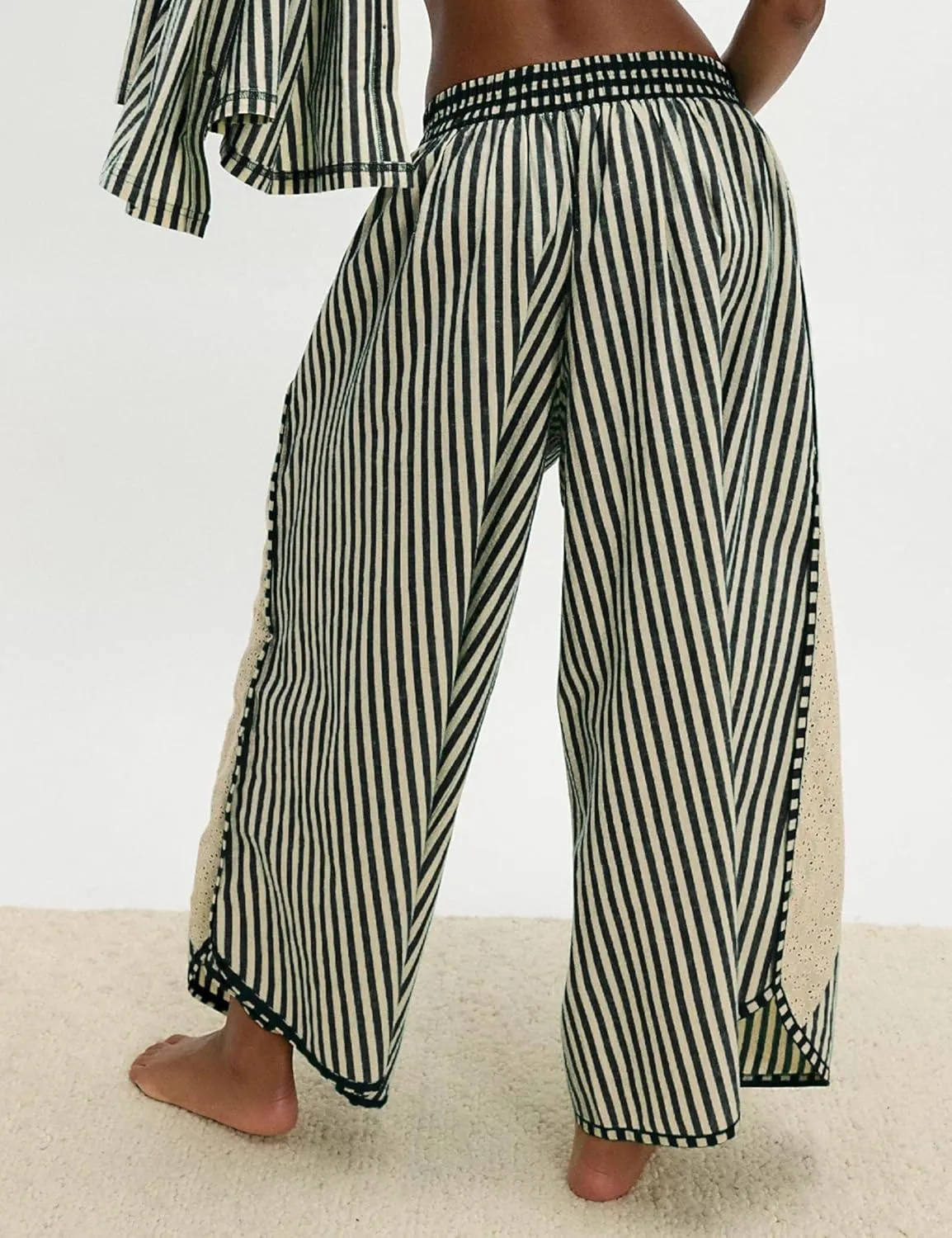 Athlisan Womens Summer Casual Loose Striped Wide Leg Lounge Pants Elastic Waist Palazzo Trousers