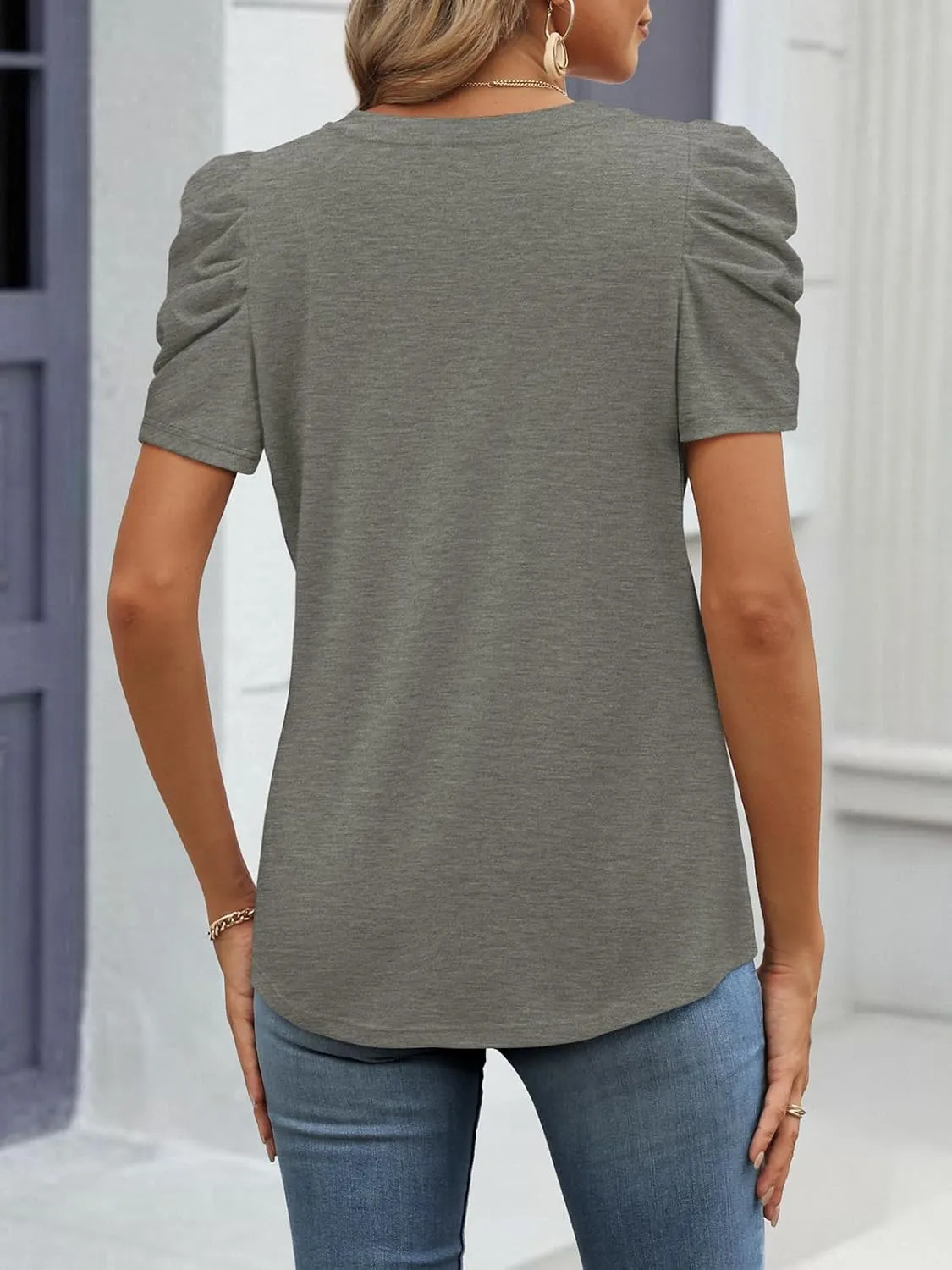 ATHMILE Womens Summer Shirt V Neck Casual Tshirts Puff Sleeve Tops for Women Trendy 2025 Tunic Solid Color