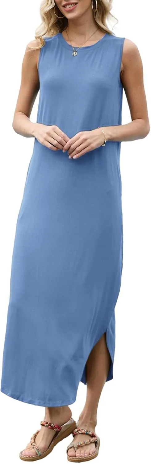 AUSELILY Women Summer Casual Sleeveless Maxi Dress with Loose Wrinkle Neck Split Design with Pockets Long Vest Dresses