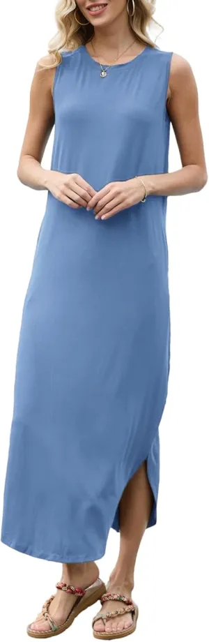 AUSELILY Women Summer Casual Sleeveless Maxi Dress with Loose Wrinkle Neck Split Design with Pockets Long Vest Dresses