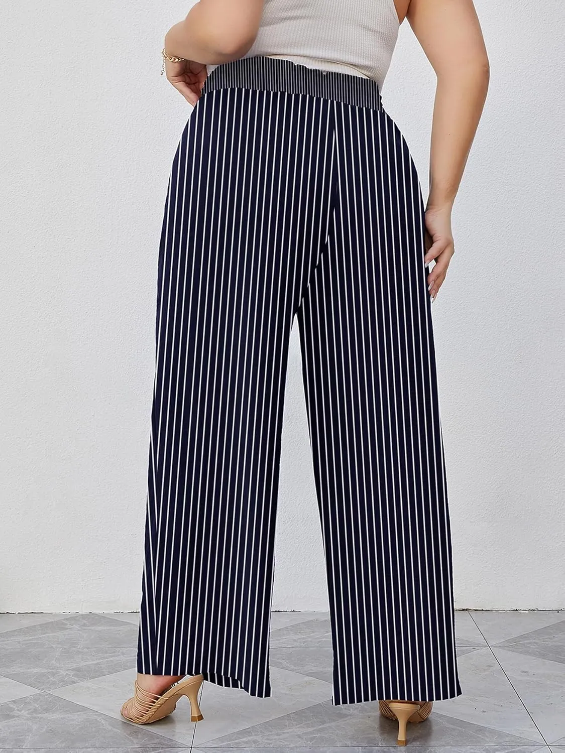 AusLook Women's Plus Size Wide Leg Lounge Pants with Pockets High Waisted Palazzo Adjustable Tie Knot Trousers