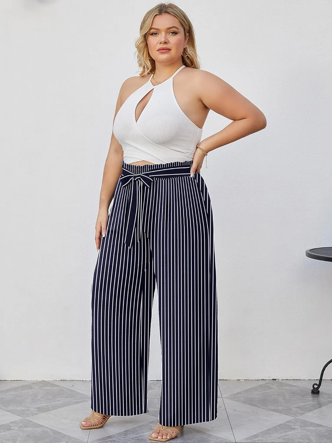 AusLook Women's Plus Size Wide Leg Lounge Pants with Pockets High Waisted Palazzo Adjustable Tie Knot Trousers