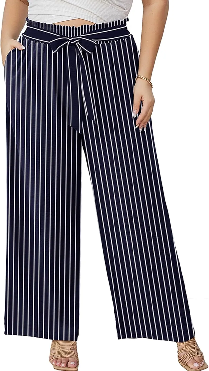 AusLook Women's Plus Size Wide Leg Lounge Pants with Pockets High Waisted Palazzo Adjustable Tie Knot Trousers