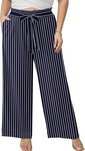 AusLook Women's Plus Size Wide Leg Lounge Pants with Pockets High Waisted Palazzo Adjustable Tie Knot Trousers