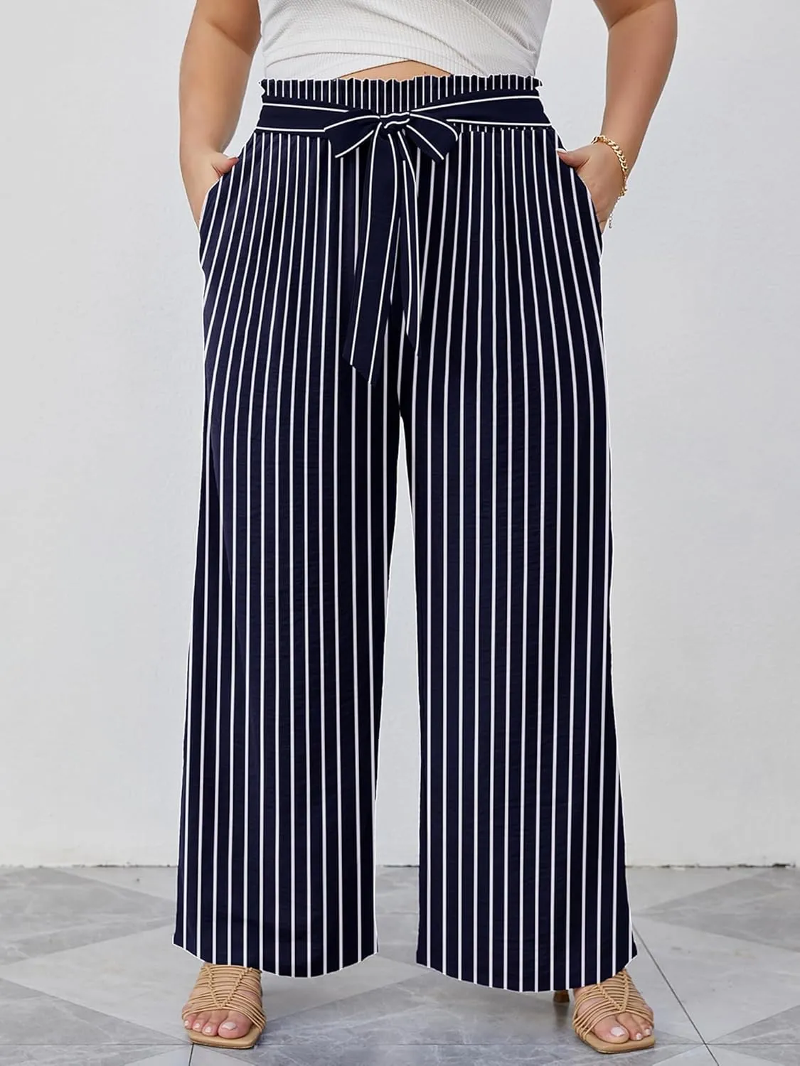 AusLook Women's Plus Size Wide Leg Lounge Pants with Pockets High Waisted Palazzo Adjustable Tie Knot Trousers