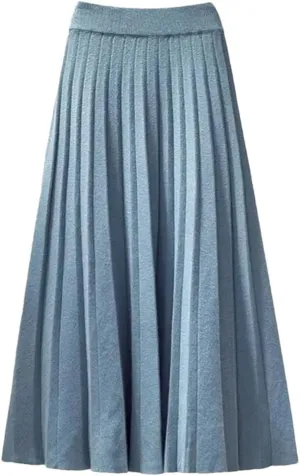 Autumn Winter Knitted Black Midi Long Pleated Skirt Women Warm Blue Mid-Length High Waist Female
