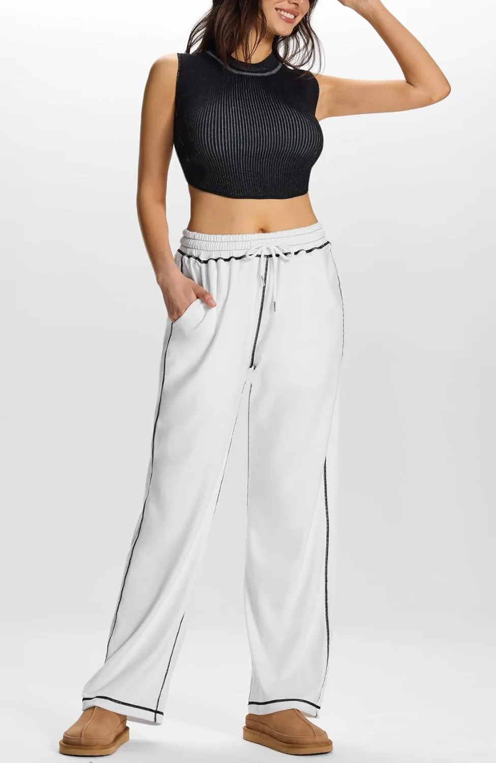 Baggy Sweatpants for Women Soft Lightweight Straight Leg Lounge Pants Stitching Wide Leg Sweatpants Women Casual
