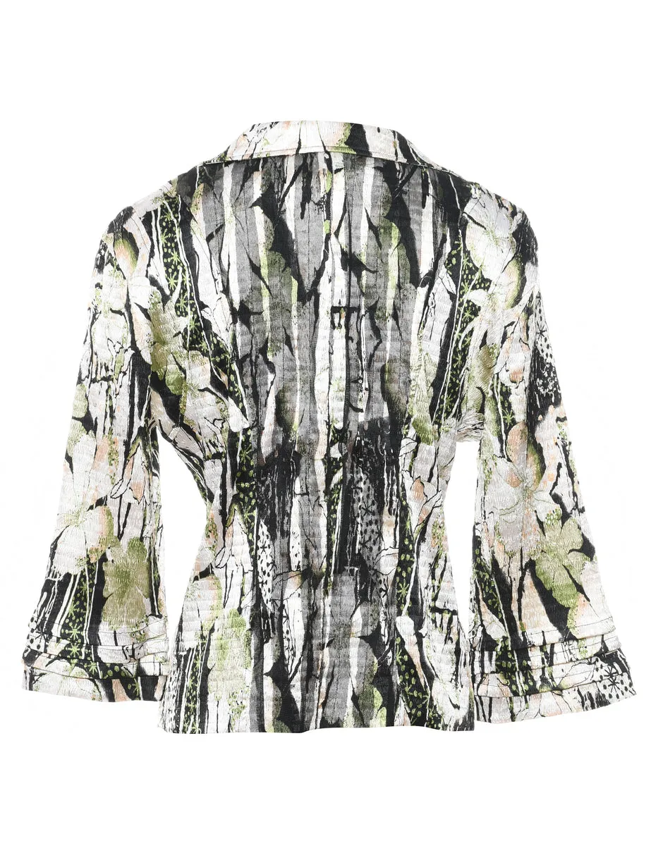 Bala Bala Floral Pattern Light Green & Grey Bell Sleeve Jacket - M