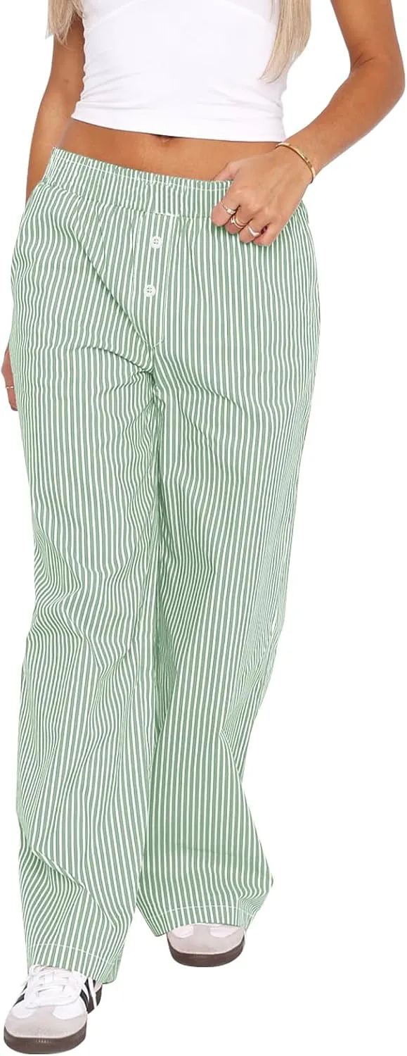 Balimtoy Women Y2k Striped Pajamas Lounge Boxer Pants Casual Elastic Waist Wide Leg Loose Trousers with Pockets Streetwear