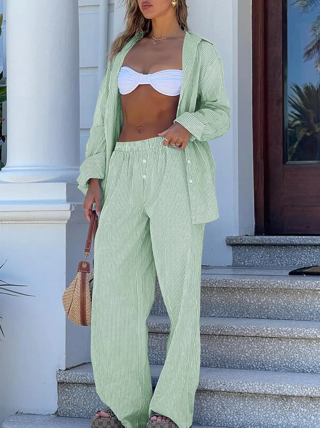 Balimtoy Women Y2k Striped Pajamas Lounge Boxer Pants Casual Elastic Waist Wide Leg Loose Trousers with Pockets Streetwear