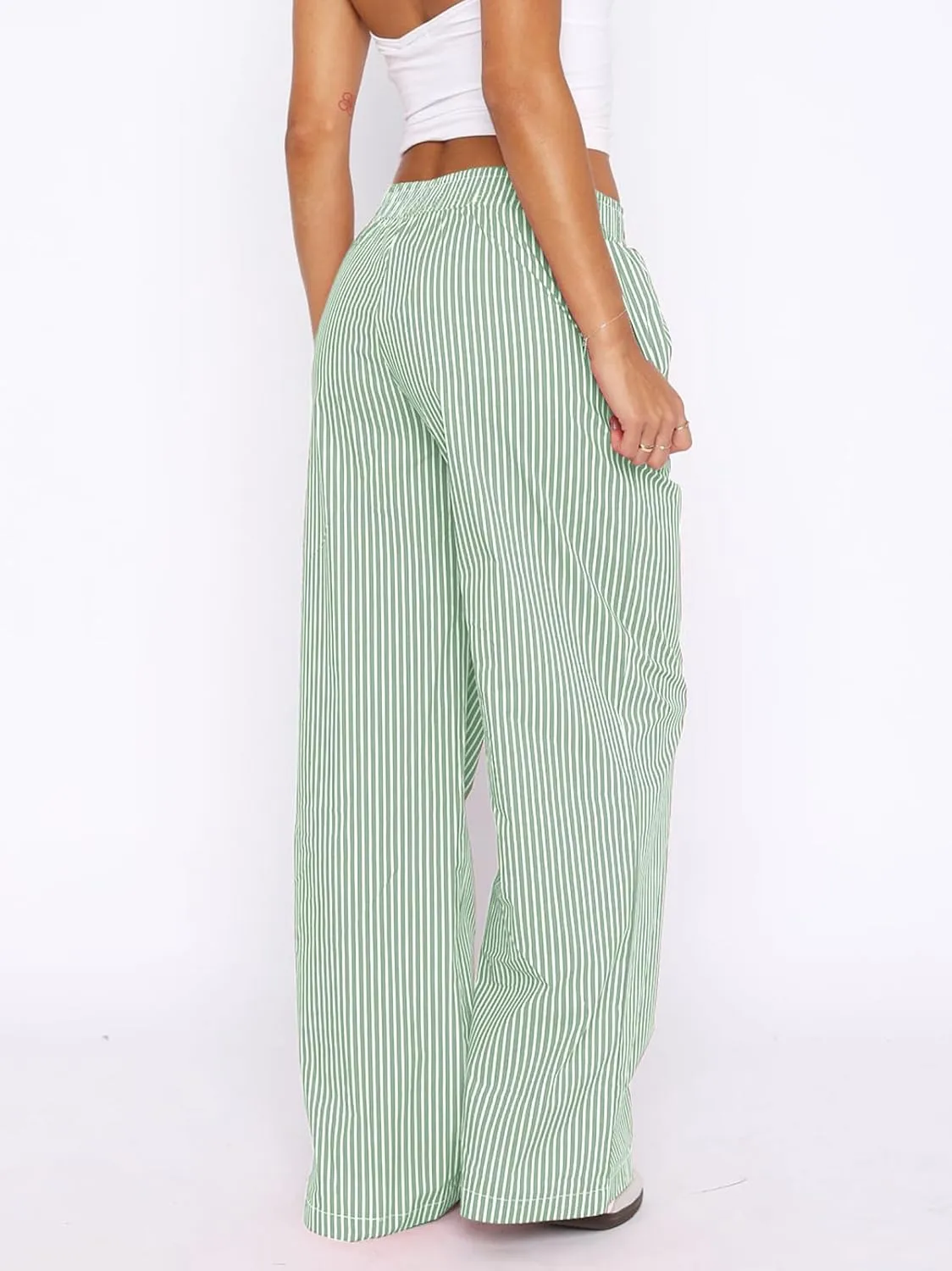 Balimtoy Women Y2k Striped Pajamas Lounge Boxer Pants Casual Elastic Waist Wide Leg Loose Trousers with Pockets Streetwear