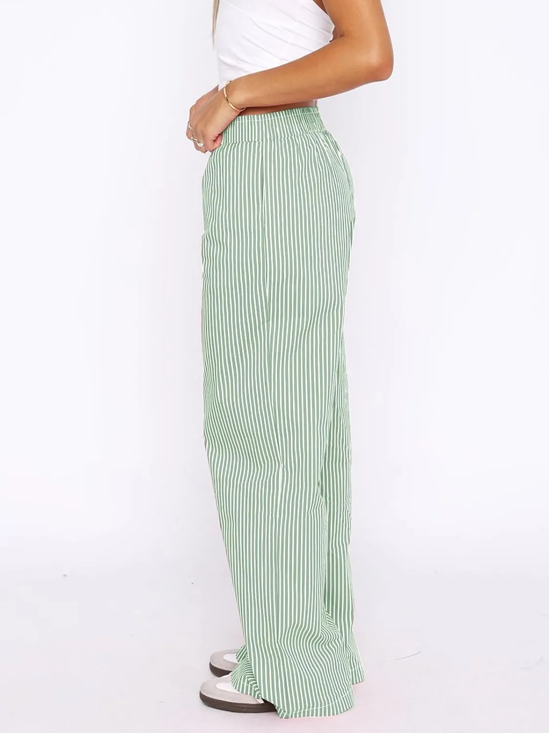 Balimtoy Women Y2k Striped Pajamas Lounge Boxer Pants Casual Elastic Waist Wide Leg Loose Trousers with Pockets Streetwear