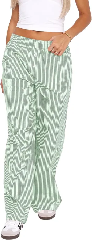 Balimtoy Women Y2k Striped Pajamas Lounge Boxer Pants Casual Elastic Waist Wide Leg Loose Trousers with Pockets Streetwear