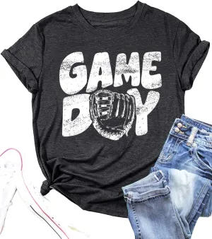 Baseball Game Day Tshirt Women Funny Letter Print Baseball Mom Shirt Vintage Graphic Tee Casual Short Sleeve Tops