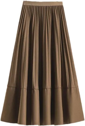 Basics Pleated Midi Long Skirt Women Autumn All-Match Casual Simple Solid A Line High Waist Mid-Length Skirt