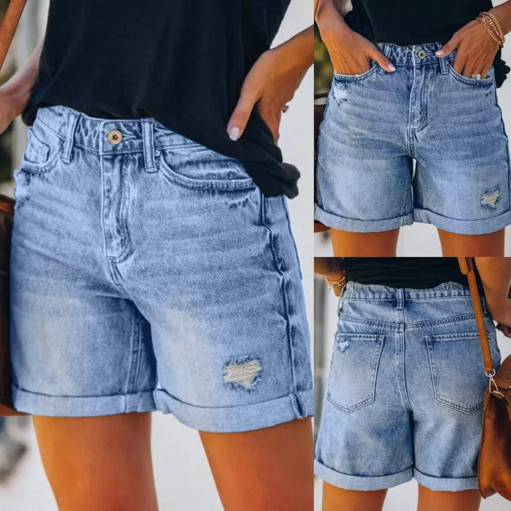 Bermuda Jean Shorts Women Button High Waisted Trendy Vintage Stretchy Knee Length Cutoff Denim Jorts with Pockets