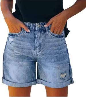 Bermuda Jean Shorts Women Button High Waisted Trendy Vintage Stretchy Knee Length Cutoff Denim Jorts with Pockets