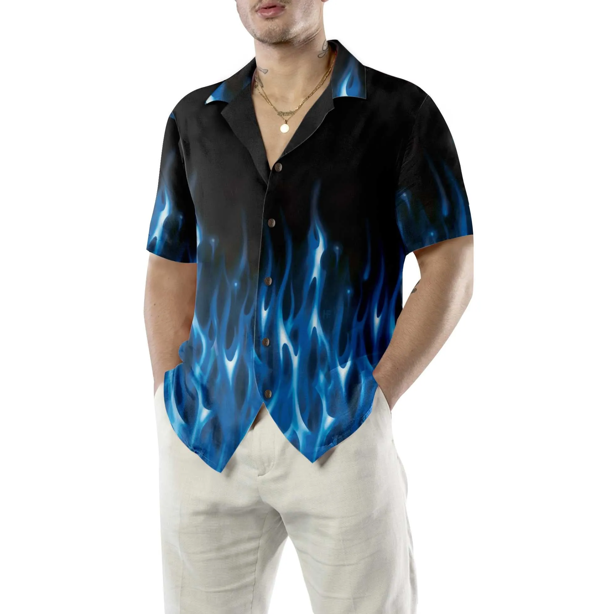 Blue Flame Hawaiian Shirt, Short Sleeve Flame Shirt For Men, Flame Print Shirt