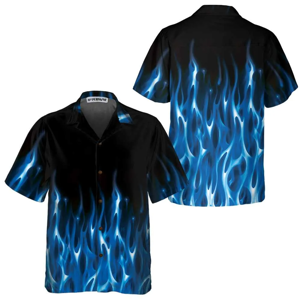 Blue Flame Hawaiian Shirt, Short Sleeve Flame Shirt For Men, Flame Print Shirt