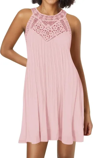 Boho Dresses for Women 2025 Summer Lace Crochet Halter Neck Dress Flowy Pleated Sundress Sleeveless Tank Mini Dress