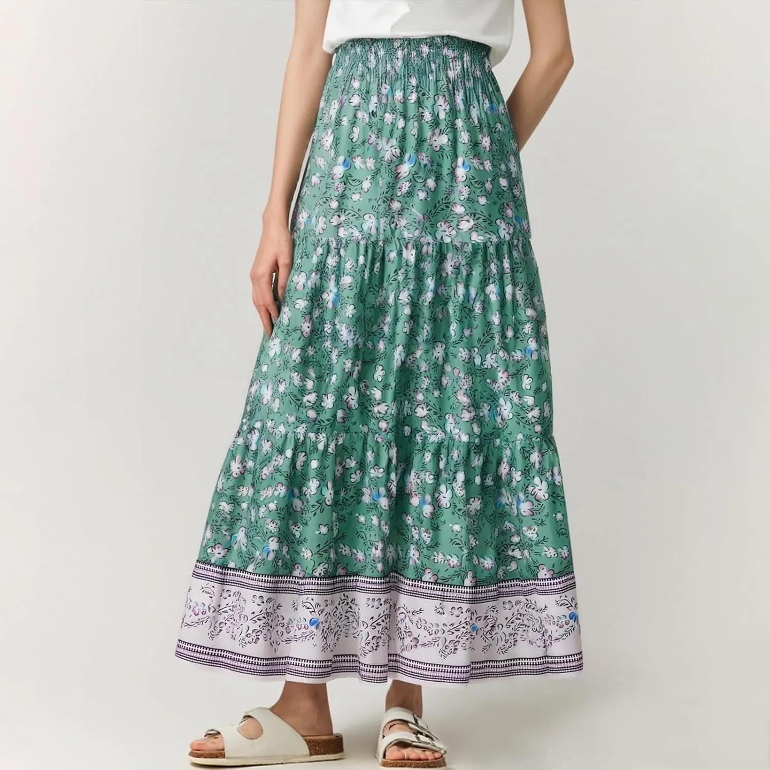 Boho Maxi Skirts for Women,2025 Summer Flowy High Waist A Line Vacation Skirt Elegant Pleated Floral Beach Skirts