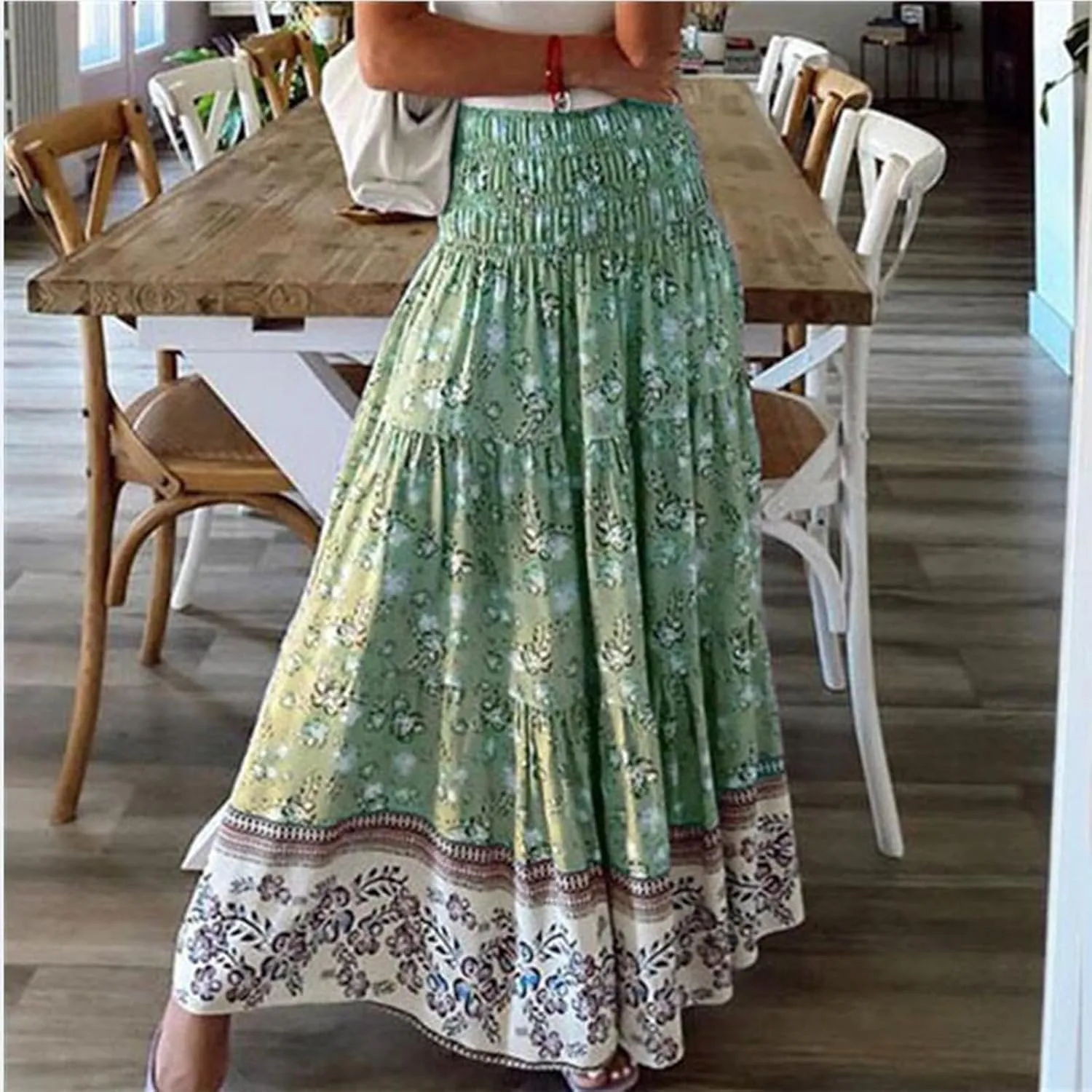 Boho Maxi Skirts for Women,2025 Summer Flowy High Waist A Line Vacation Skirt Elegant Pleated Floral Beach Skirts