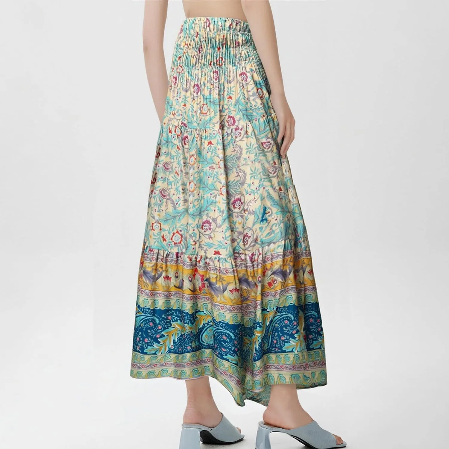 Boho Maxi Skirts for Women,2025 Summer Flowy High Waist A Line Vacation Skirt Elegant Pleated Floral Beach Skirts