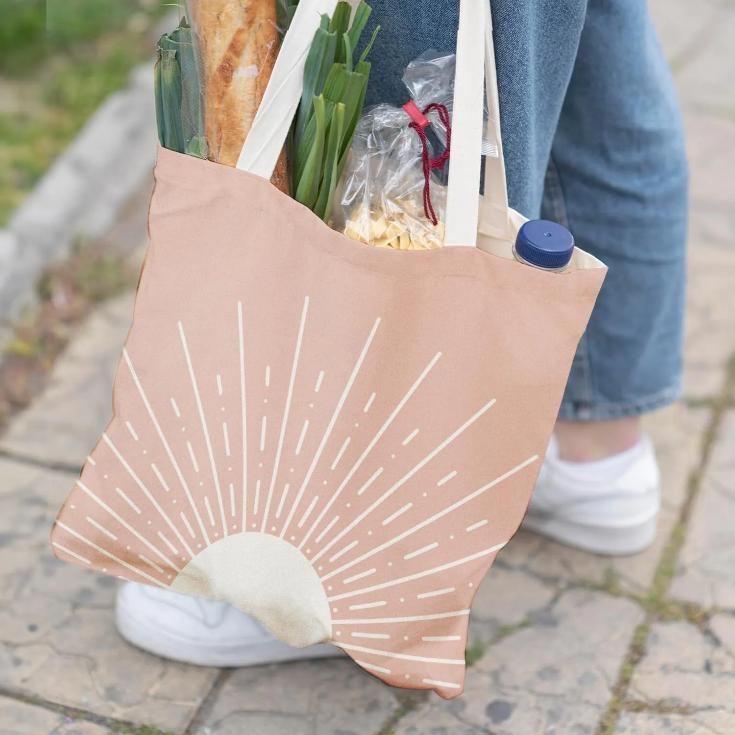 Boho Tote Bag Aesthetic, Minimalist Abstract Boho Terracotta Sun Sunshine Canvas Tote Bag for Women