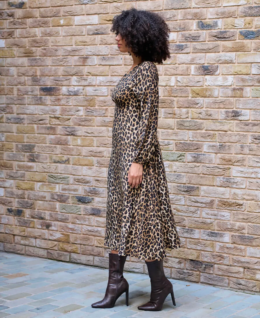 Brown Animal Printed Long Sleeve Midi Dress