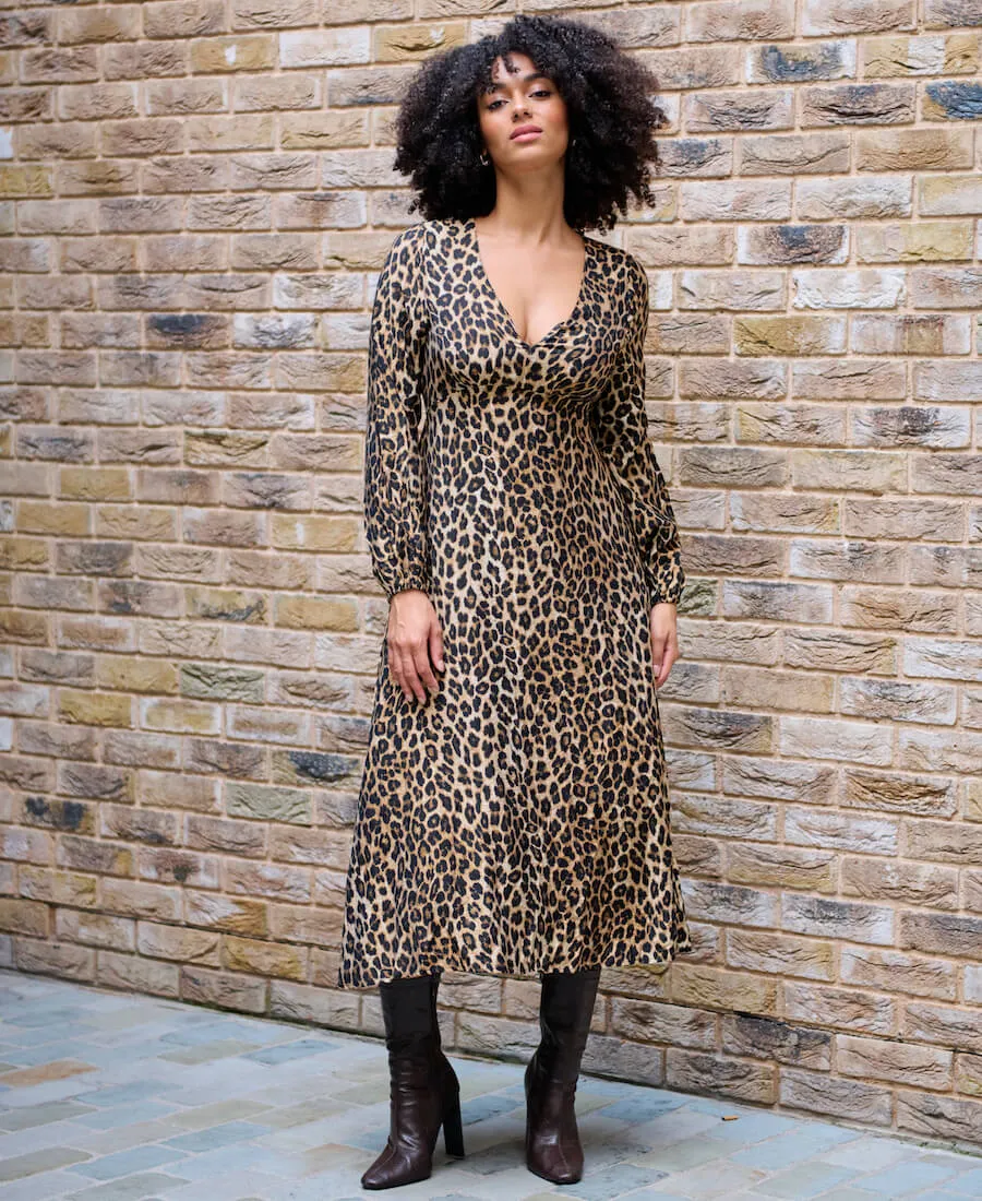 Brown Animal Printed Long Sleeve Midi Dress