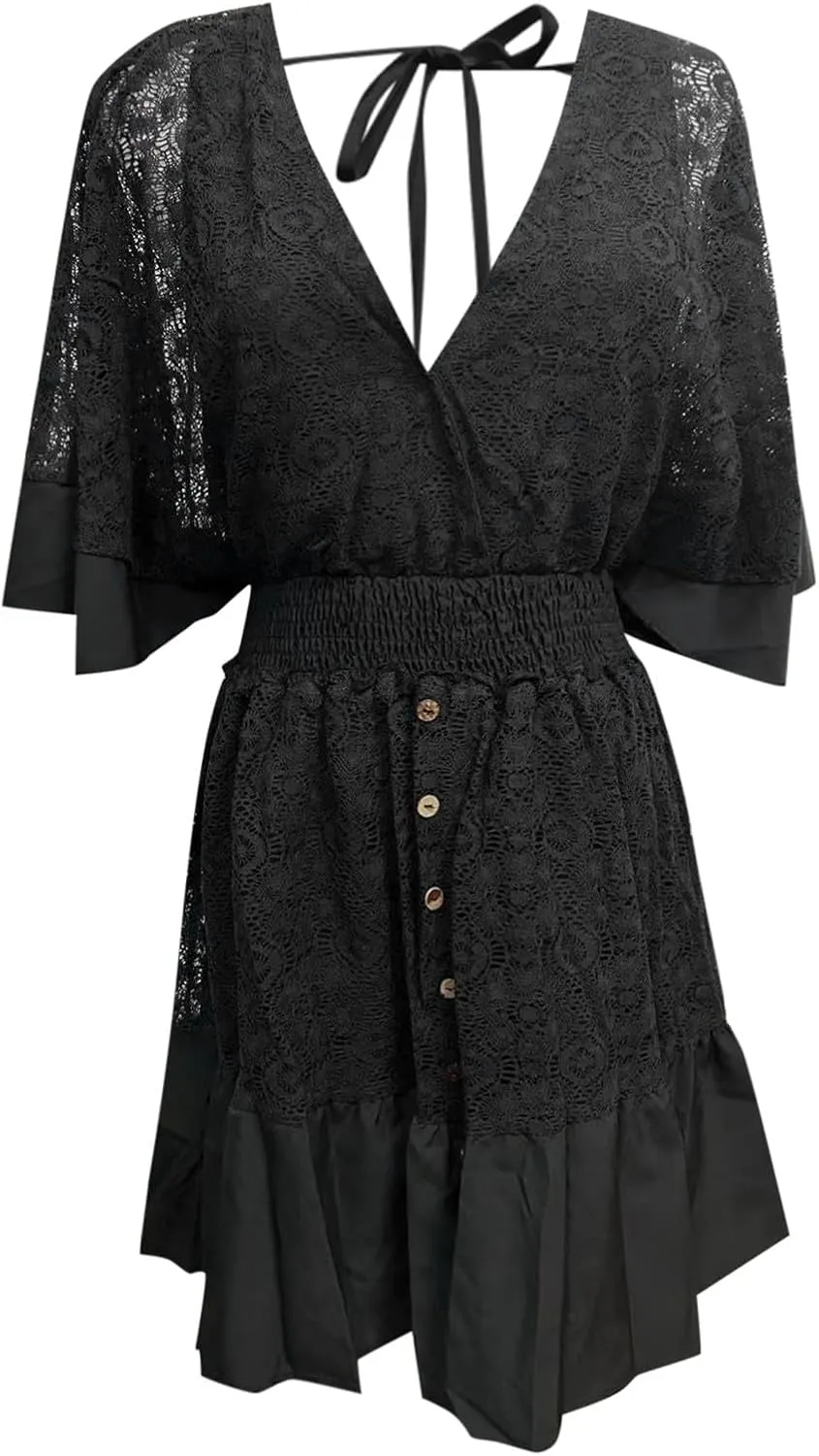 Casual Dresses for Women,2025 Summer V Neck Short Dress Mesh Flutter Sleeve Elastic Waist Mini Dress Boho Sundress